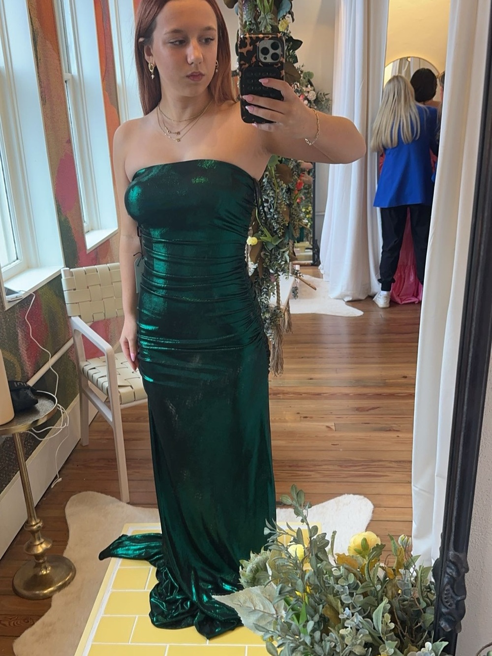 La Femme Shimmering Strapless Emerald Gown